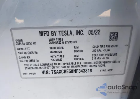 2022 Tesla Model X Dual Motor All-Wheel Drive z USA, uszkodzony, nr VIN 7SAXCBE58NF343818